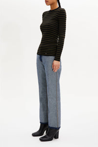 Pull lurex col rond à manches longues en laine - Noir & Kaki