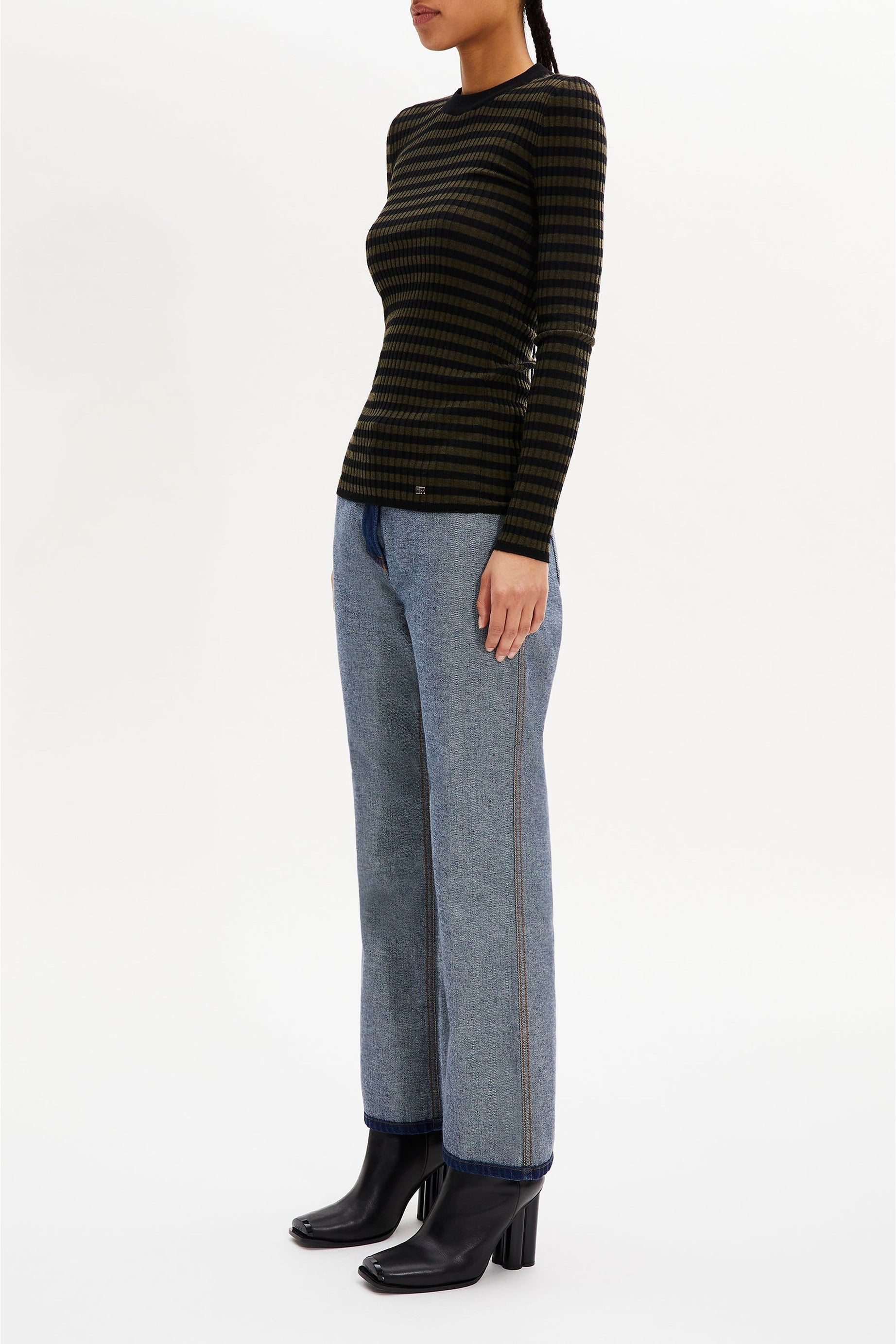 Pull lurex col rond à manches longues en laine - Noir & Kaki