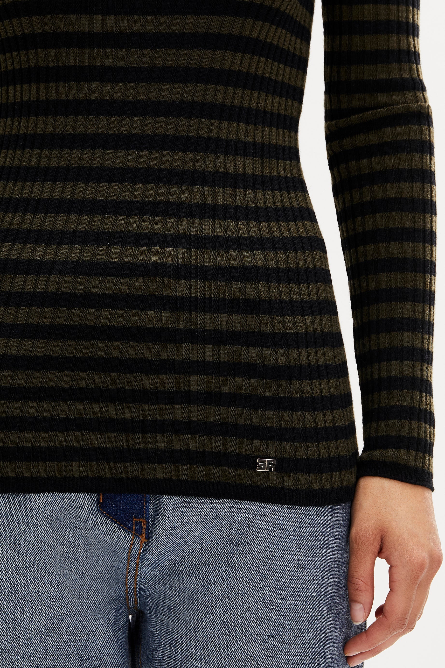 Pull lurex col rond à manches longues en laine - Noir & Kaki