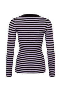 Pull lurex rayé col rond à manches longues en laine - Noir & Lilas
