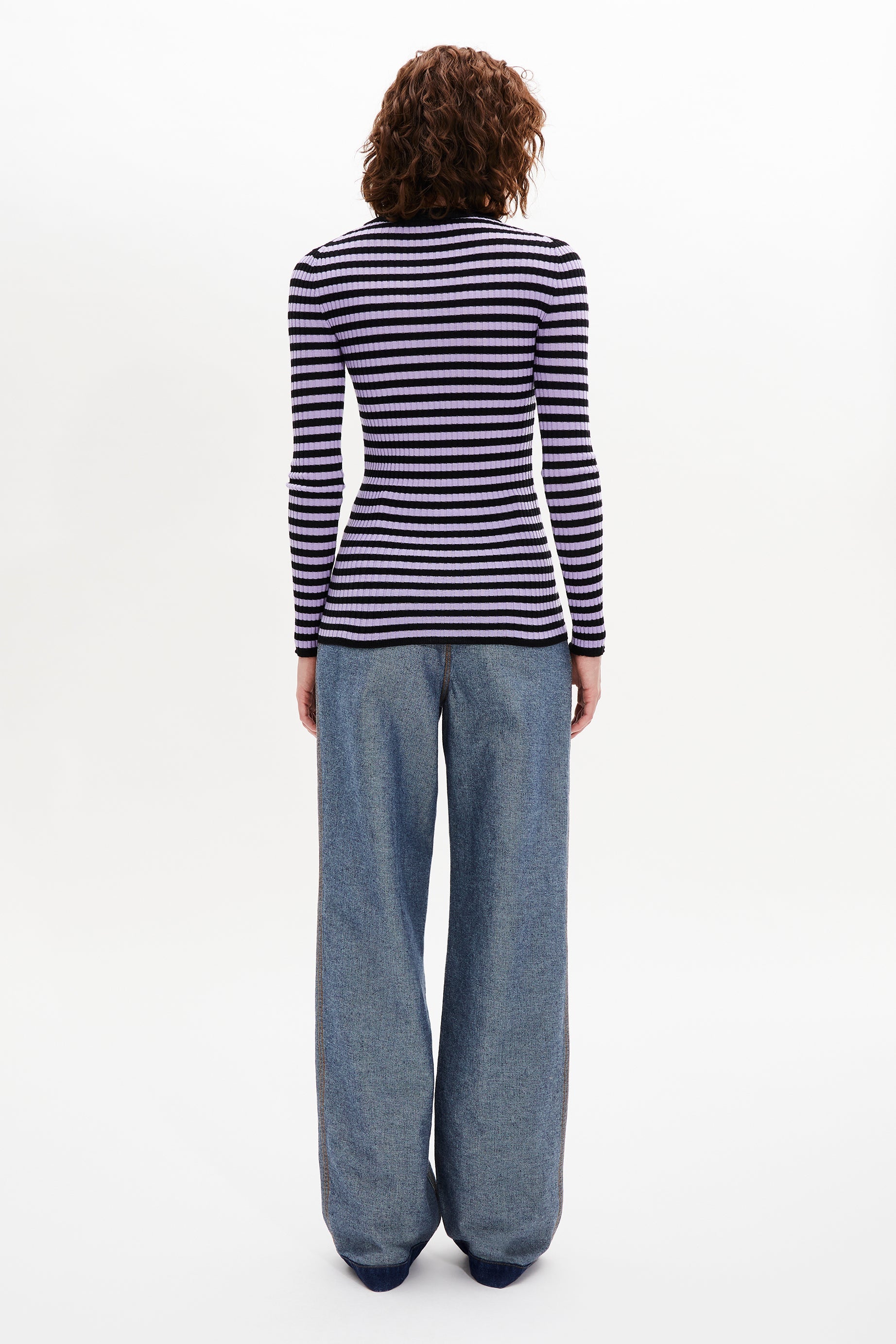 Pull lurex rayé col rond à manches longues en laine - Noir & Lilas
