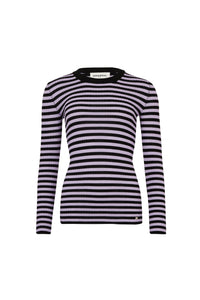 Pull lurex rayé col rond à manches longues en laine - Noir & Lilas