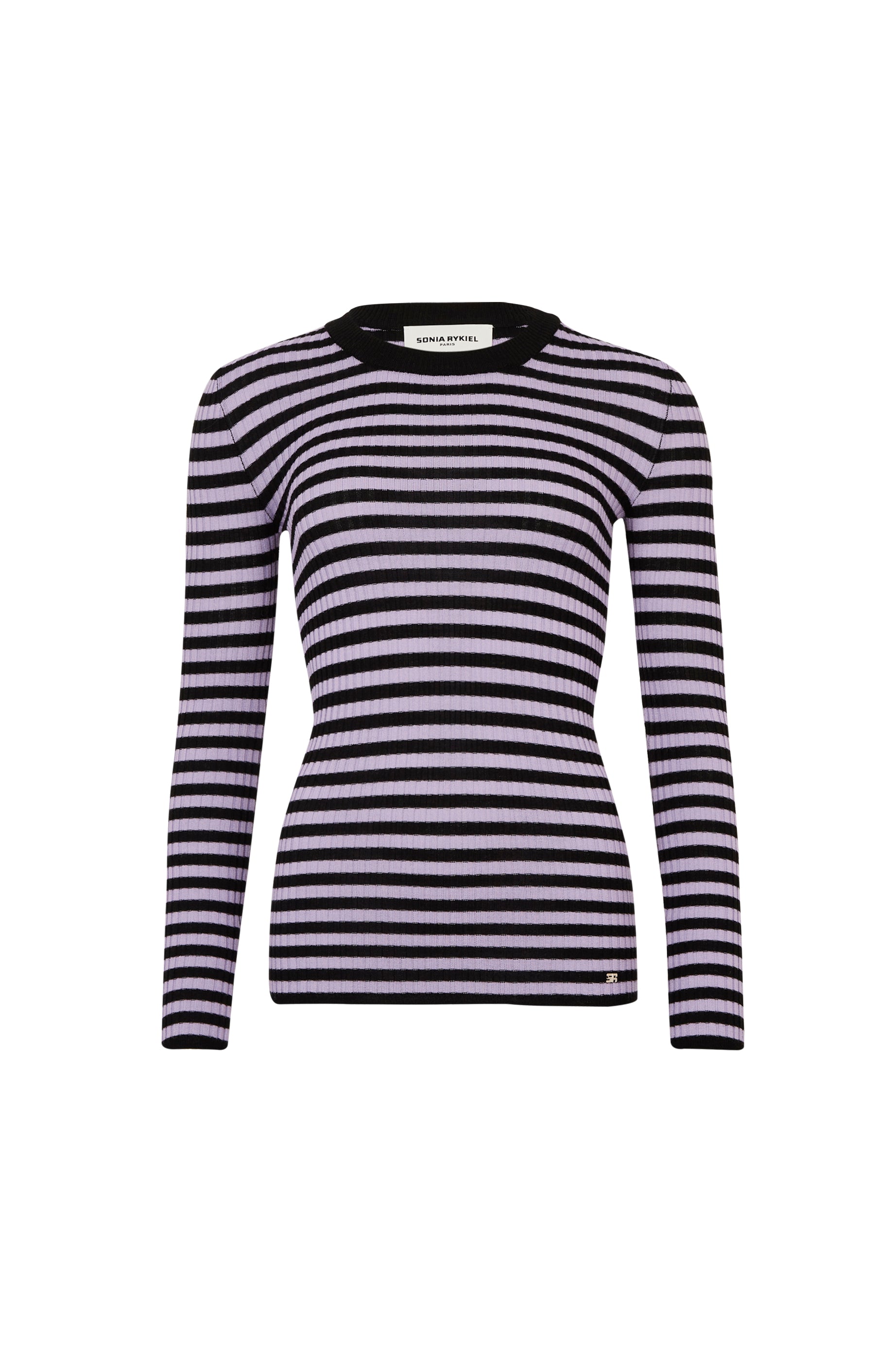 Pull lurex rayé col rond à manches longues en laine - Noir & Lilas