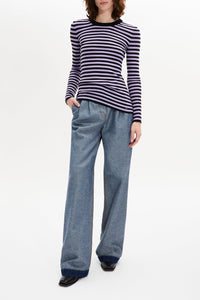 Pull lurex rayé col rond à manches longues en laine - Noir & Lilas