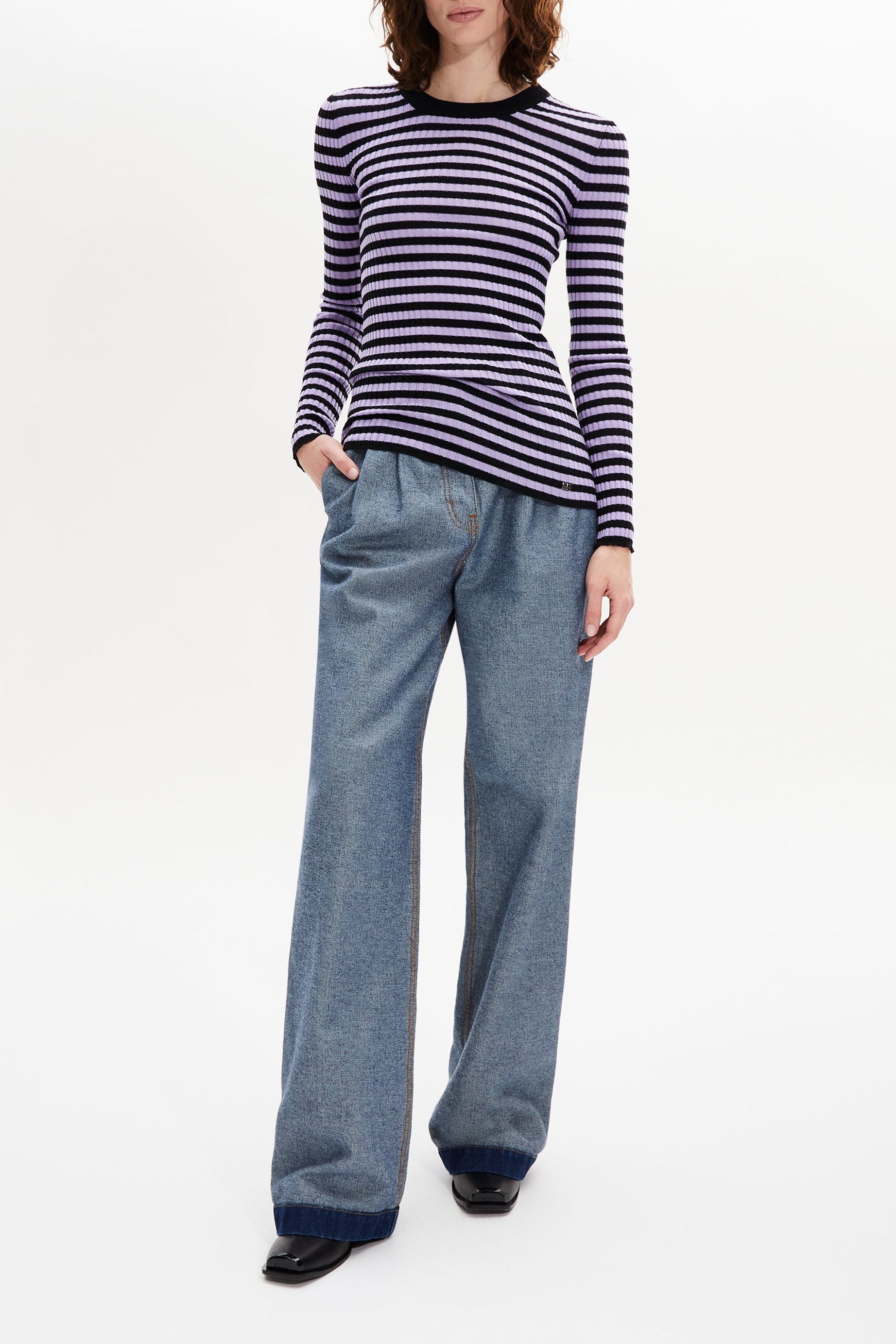 Pull lurex rayé col rond à manches longues en laine - Noir & Lilas