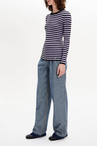 Pull lurex rayé col rond à manches longues en laine - Noir & Lilas