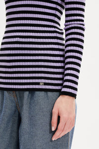 Pull lurex rayé col rond à manches longues en laine - Noir & Lilas