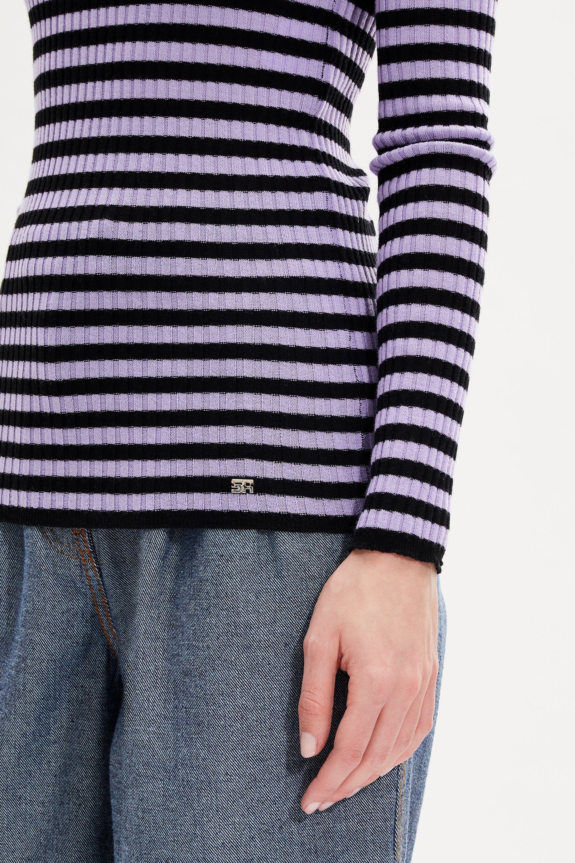 Pull lurex rayé col rond à manches longues en laine - Noir & Lilas