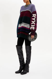 Pull manches longues à col rond en laine - Multicolor