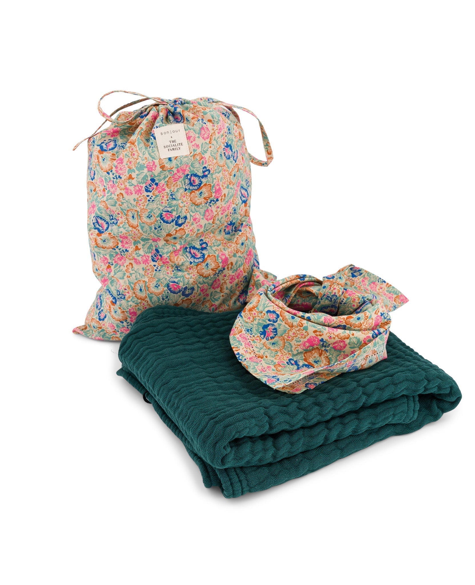 Trousseau de naissance Bonjour en gaze de coton - Vert sapin