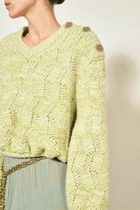 Pull col V en maille ajourée - Sauge