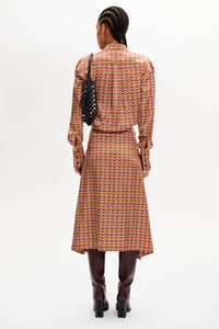 Robe midi col chemise à quilles motifs vintage papyrus - Rose