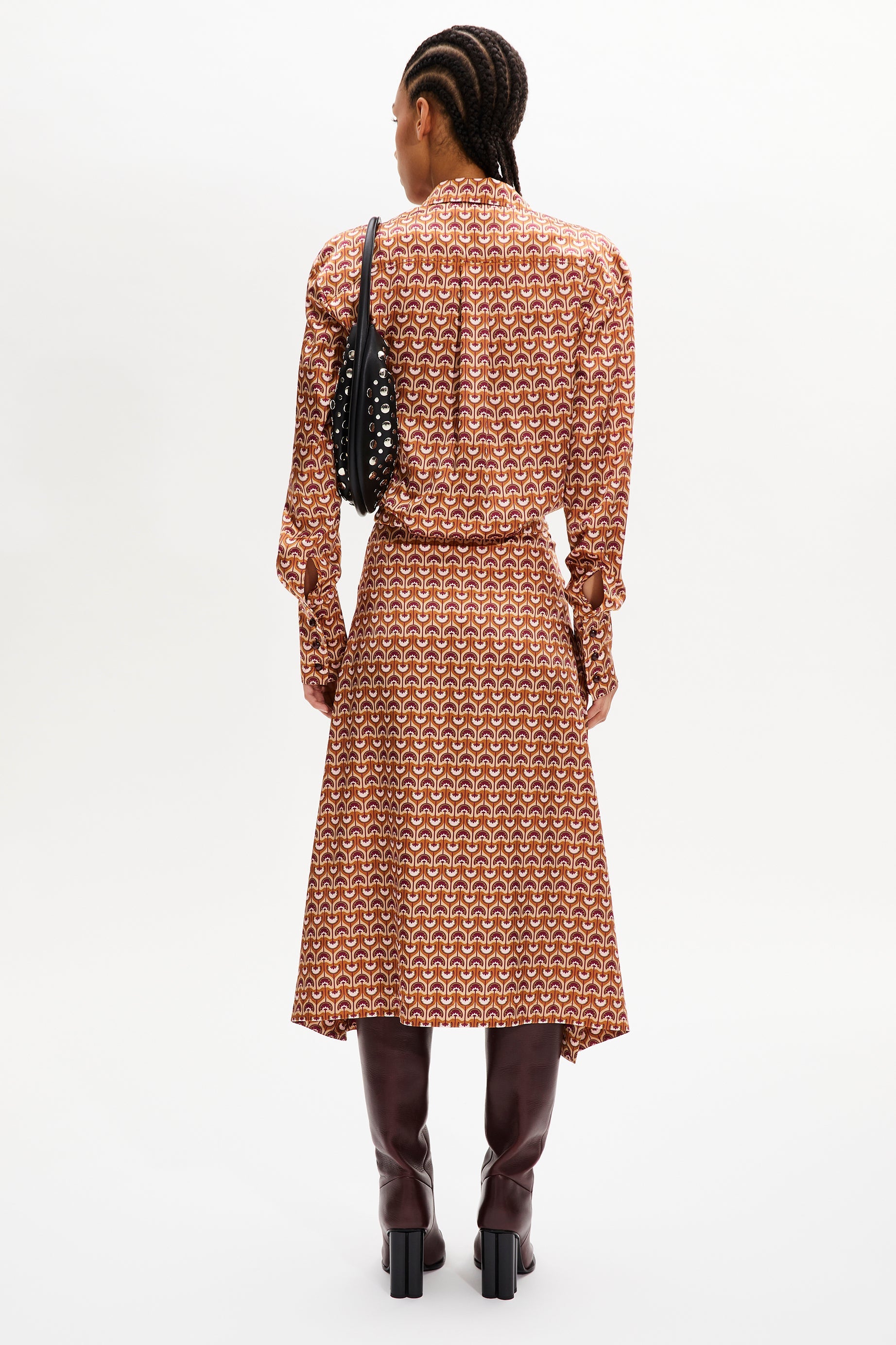 Robe midi col chemise à quilles motifs vintage papyrus - Rose