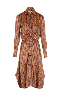Robe midi col chemise à quilles motifs vintage papyrus - Rose