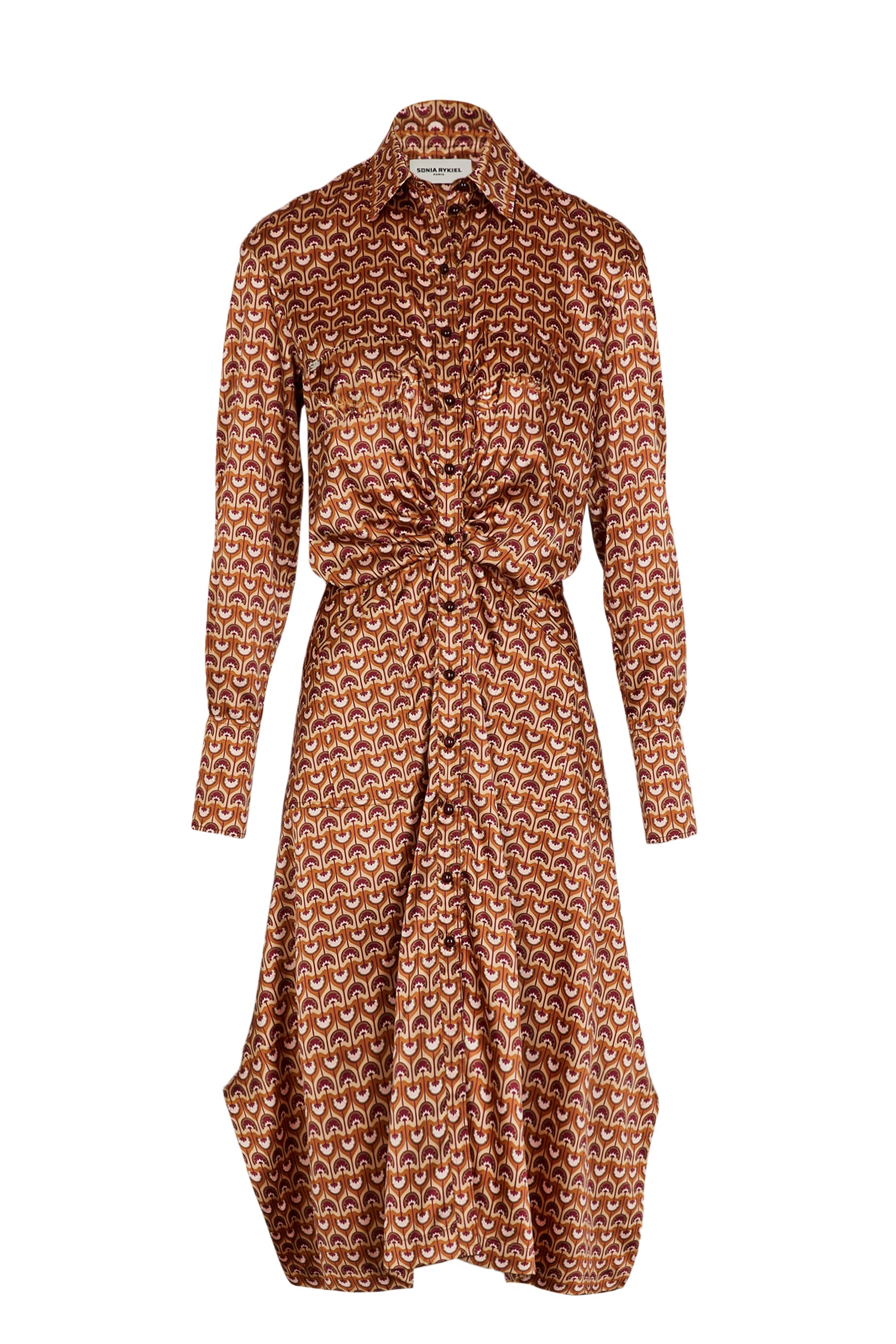 Robe midi col chemise à quilles motifs vintage papyrus - Rose