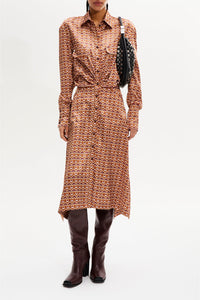 Robe midi col chemise à quilles motifs vintage papyrus - Rose