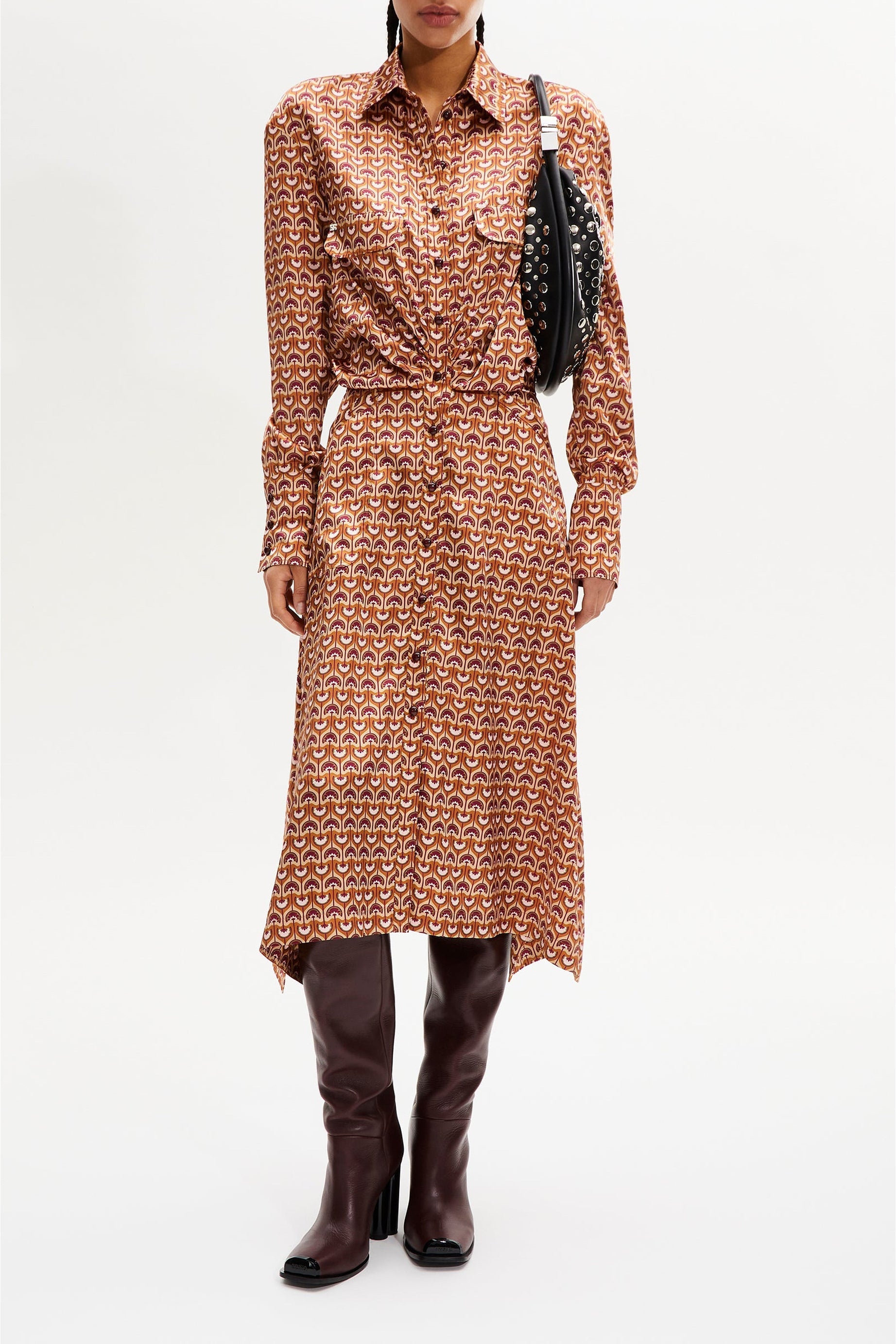 Robe midi col chemise à quilles motifs vintage papyrus - Rose