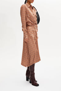 Robe midi col chemise à quilles motifs vintage papyrus - Rose