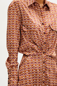 Robe midi col chemise à quilles motifs vintage papyrus - Rose