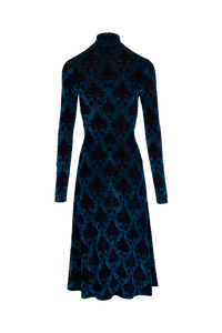Robe midi manches longues cintrée à motifs baroques - Bleu