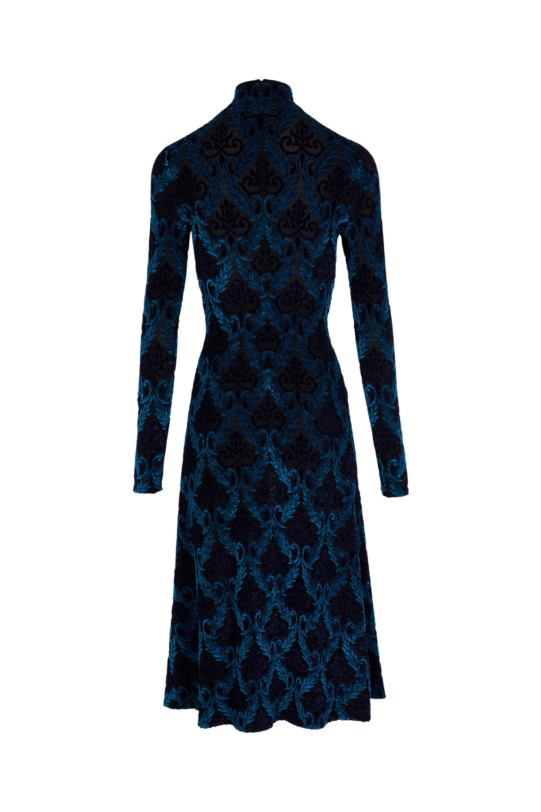 Robe midi manches longues cintrée à motifs baroques - Bleu