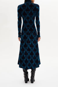 Robe midi manches longues cintrée à motifs baroques - Bleu