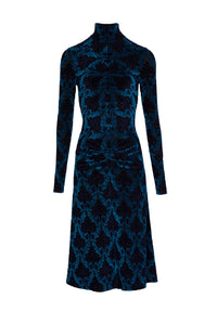 Robe midi manches longues cintrée à motifs baroques - Bleu
