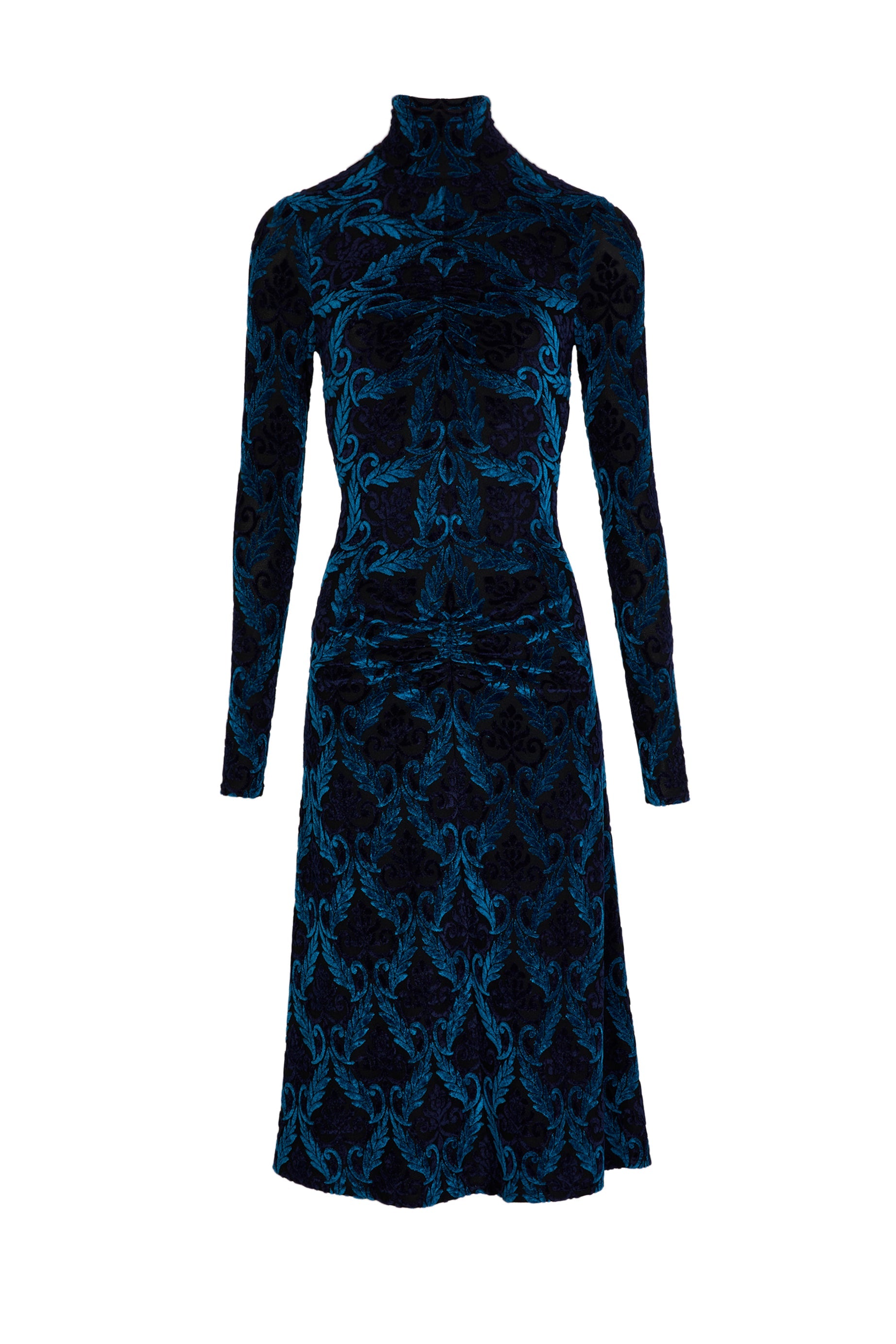 Robe midi manches longues cintrée à motifs baroques - Bleu