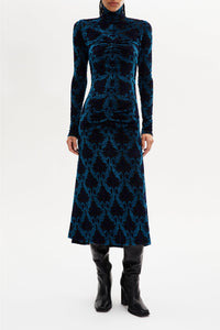 Robe midi manches longues cintrée à motifs baroques - Bleu