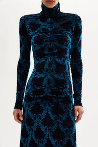 Robe midi manches longues cintrée à motifs baroques - Bleu