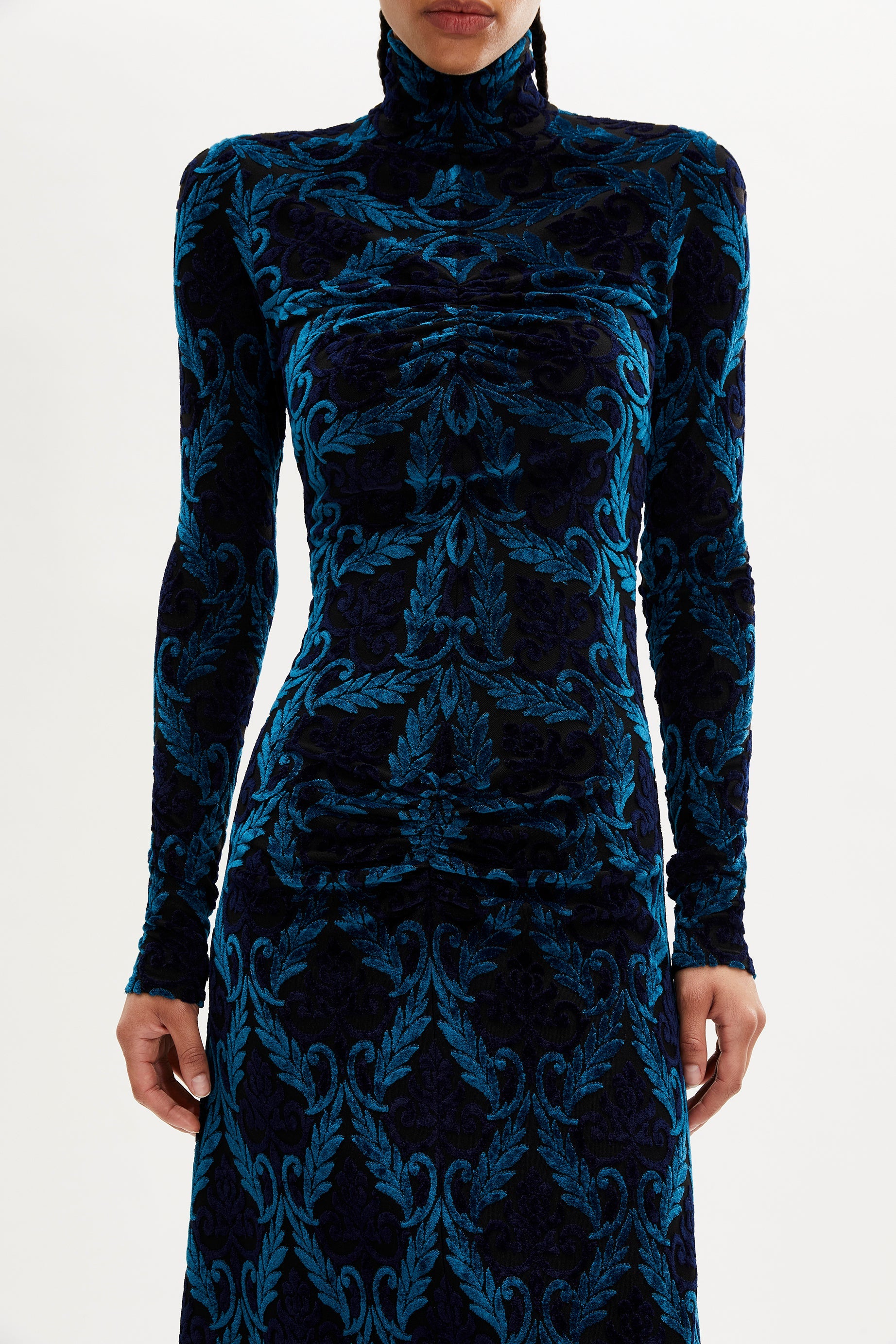 Robe midi manches longues cintrée à motifs baroques - Bleu