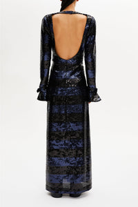 Robe longue dos nu à sequins rayés - Silver & Navy