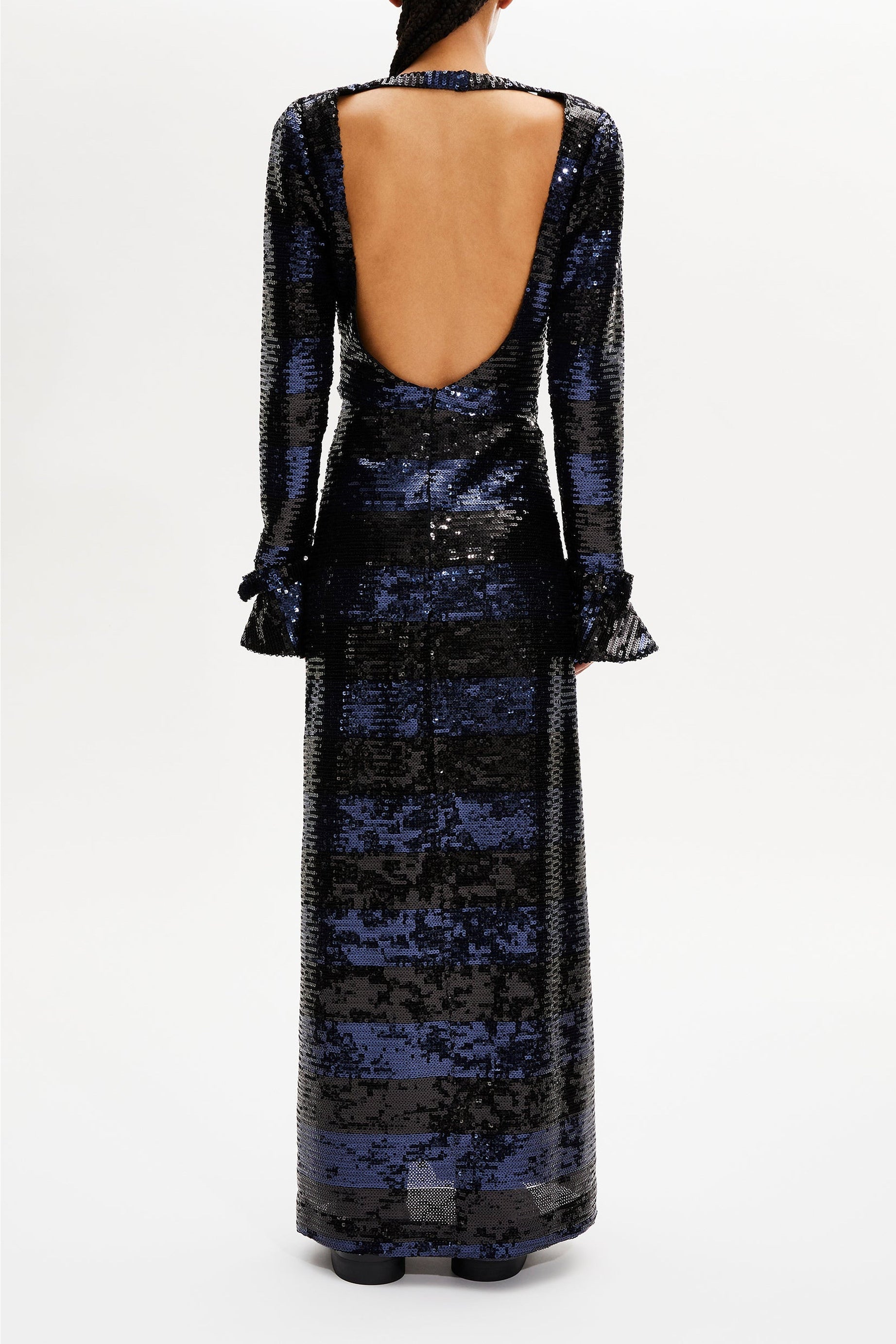 Robe longue dos nu à sequins rayés - Silver & Navy