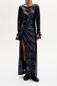 Robe longue dos nu à sequins rayés - Silver & Navy