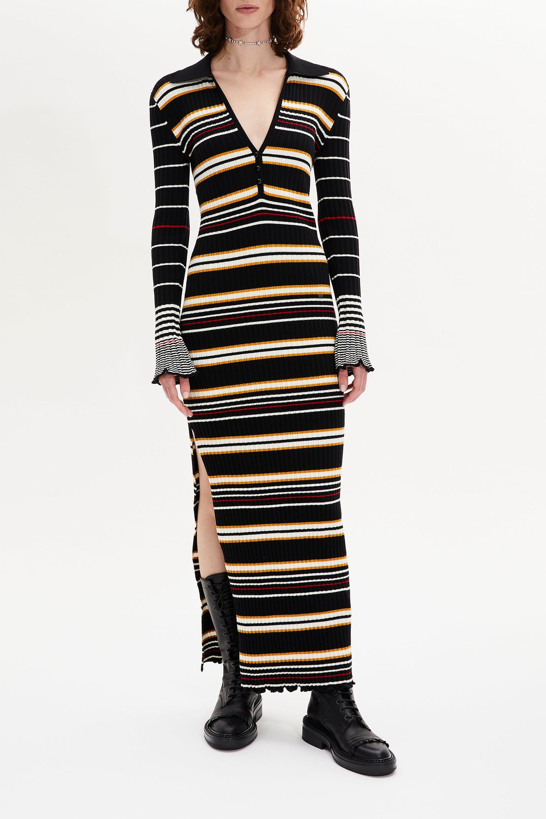 Robe longue manches longues en laine - Noir & Écru