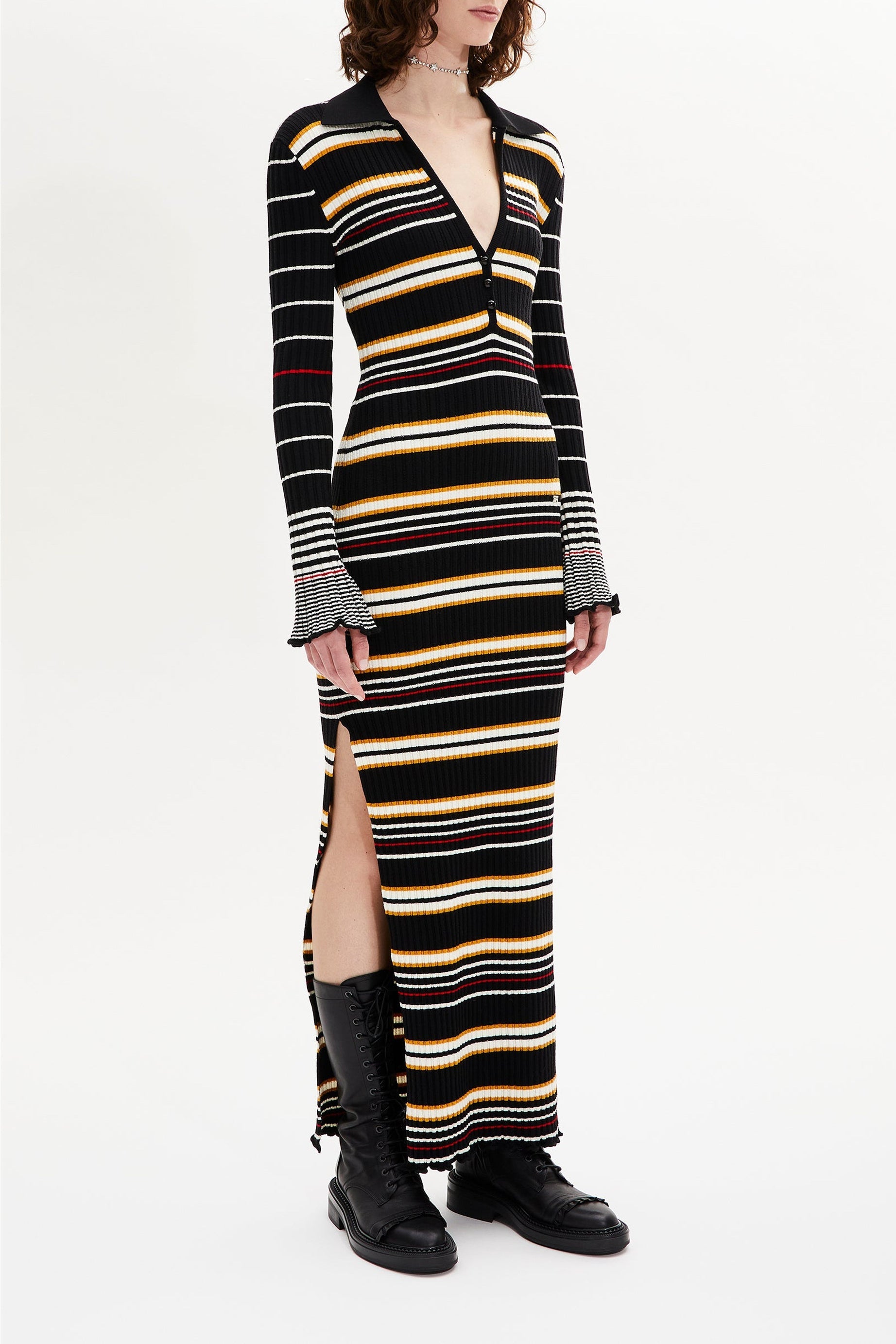 Robe longue manches longues en laine - Noir & Écru