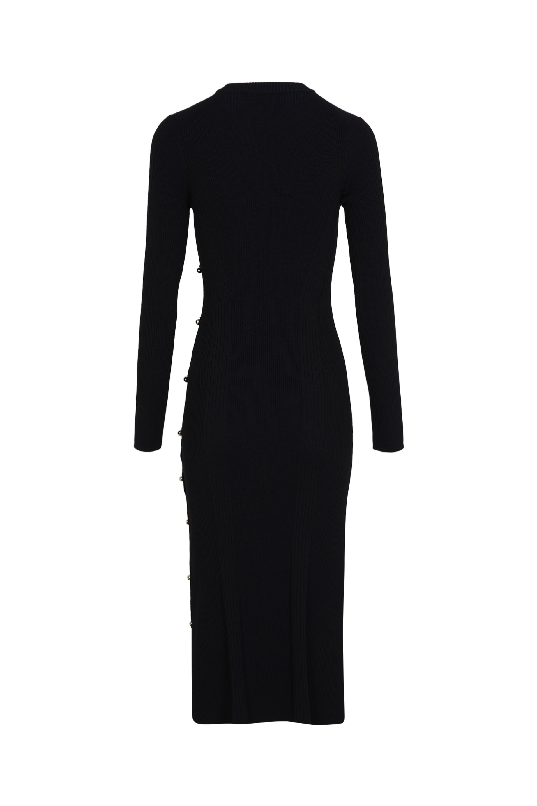 Robe midi col rond à manches longues en laine - Noir