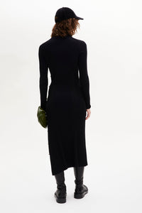 Robe midi col rond à manches longues en laine - Noir