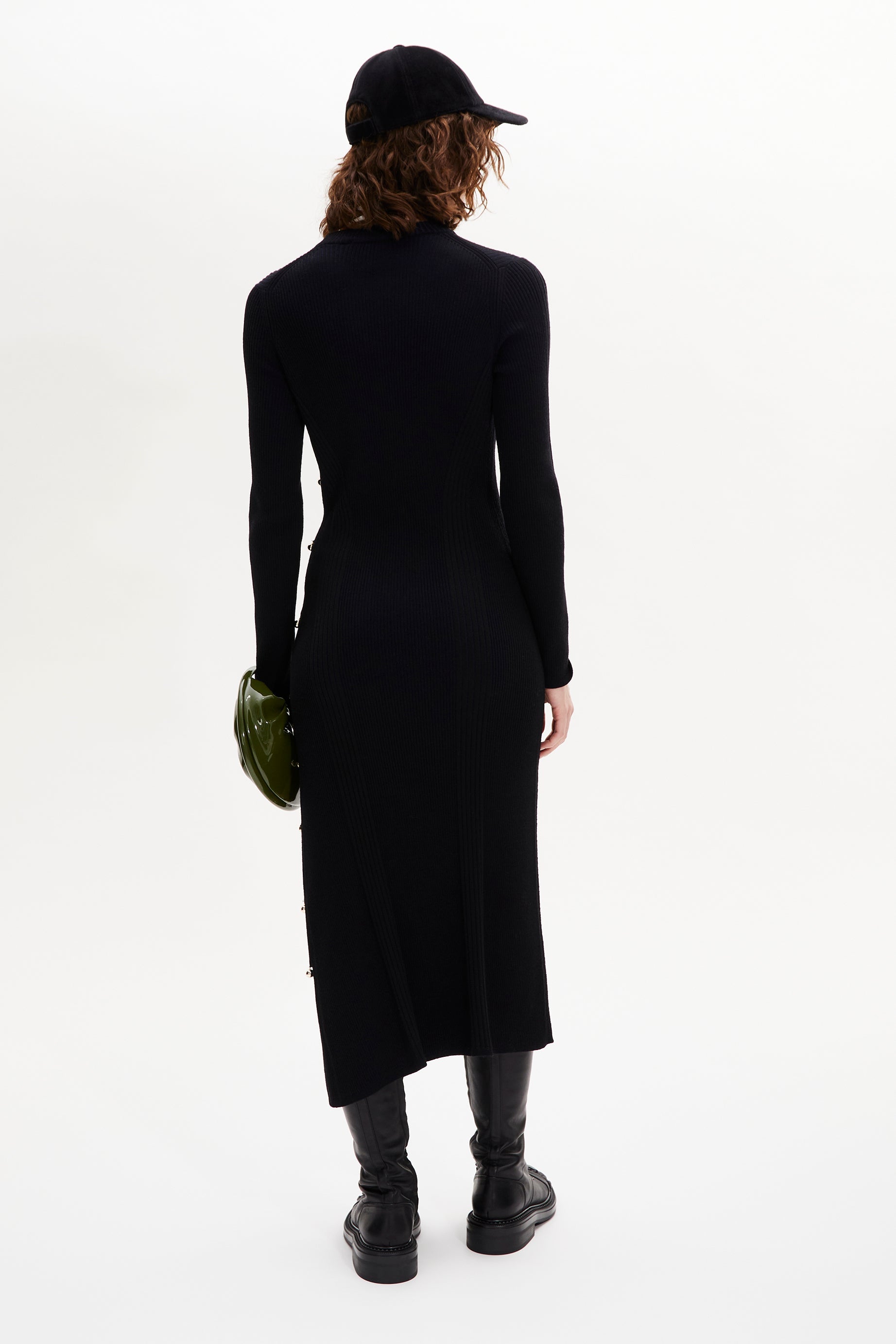 Robe midi col rond à manches longues en laine - Noir