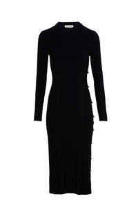 Robe midi col rond à manches longues en laine - Noir