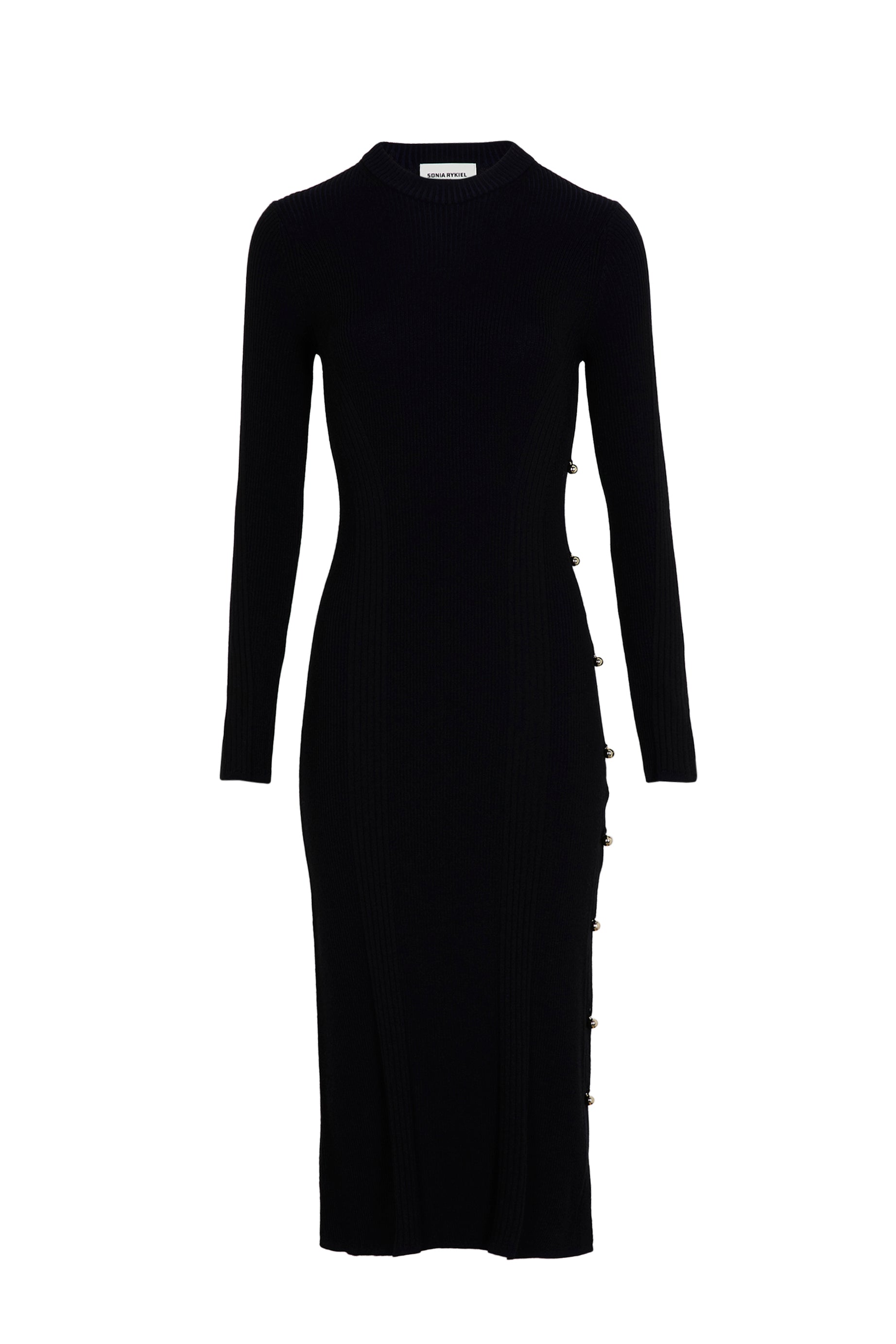 Robe midi col rond à manches longues en laine - Noir
