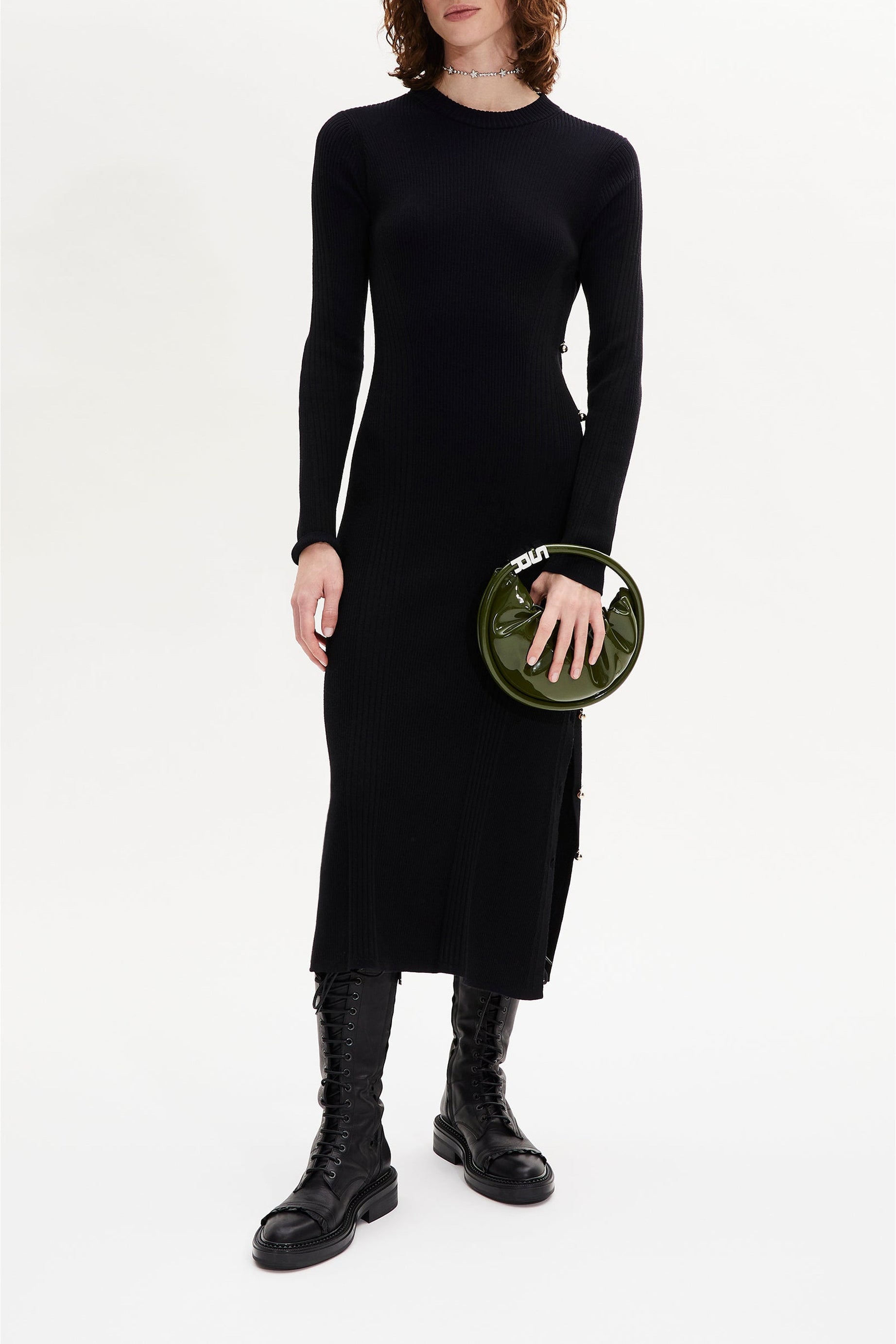 Robe midi col rond à manches longues en laine - Noir