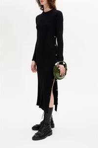 Robe midi col rond à manches longues en laine - Noir