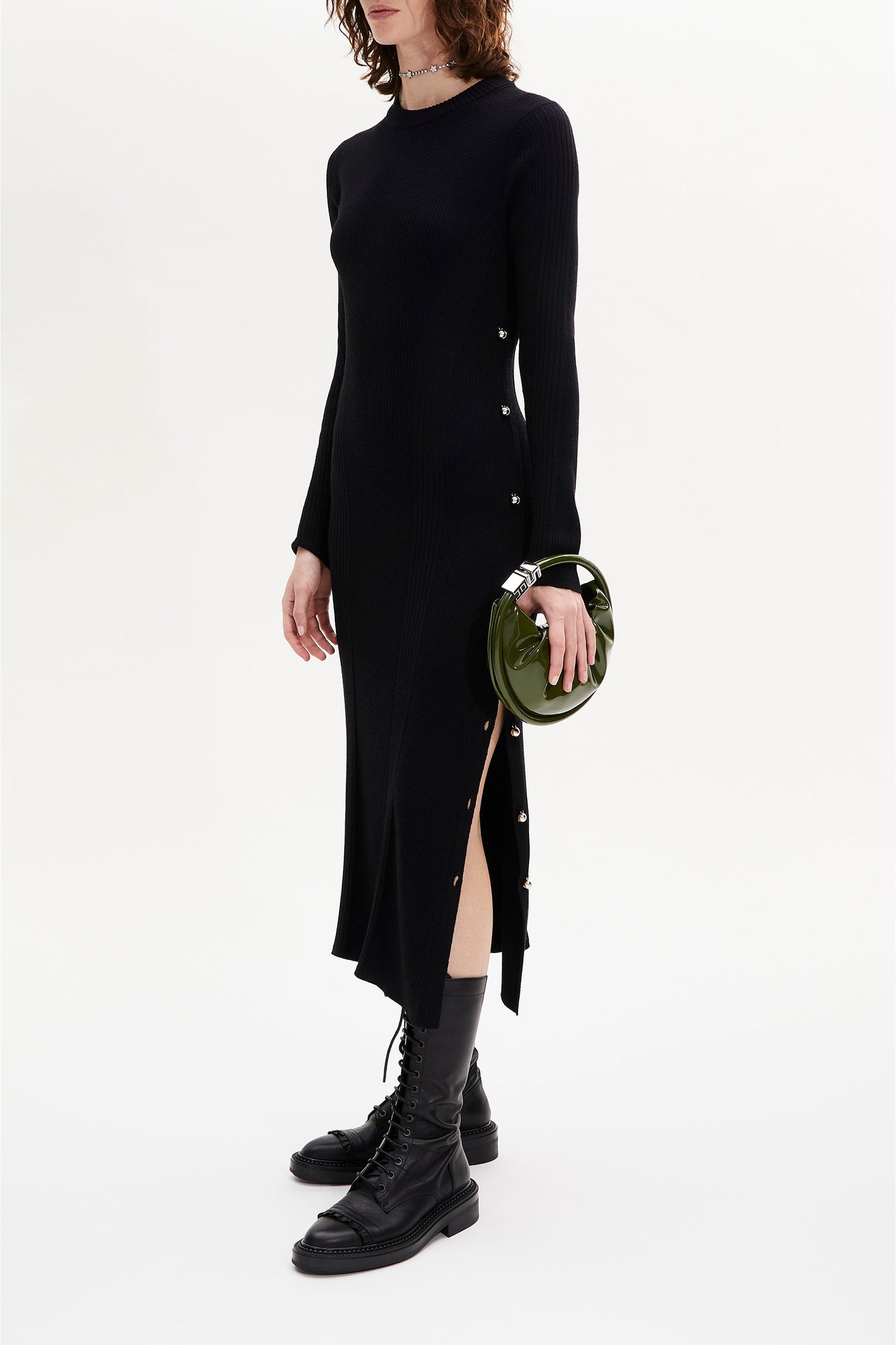 Robe midi col rond à manches longues en laine - Noir