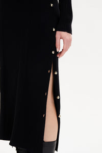 Robe midi col rond à manches longues en laine - Noir