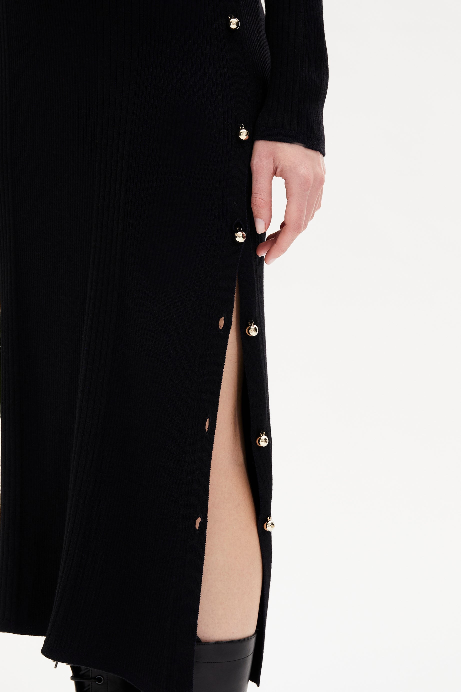 Robe midi col rond à manches longues en laine - Noir