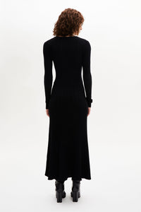 Robe midi col rond à godets ajourée - Noir