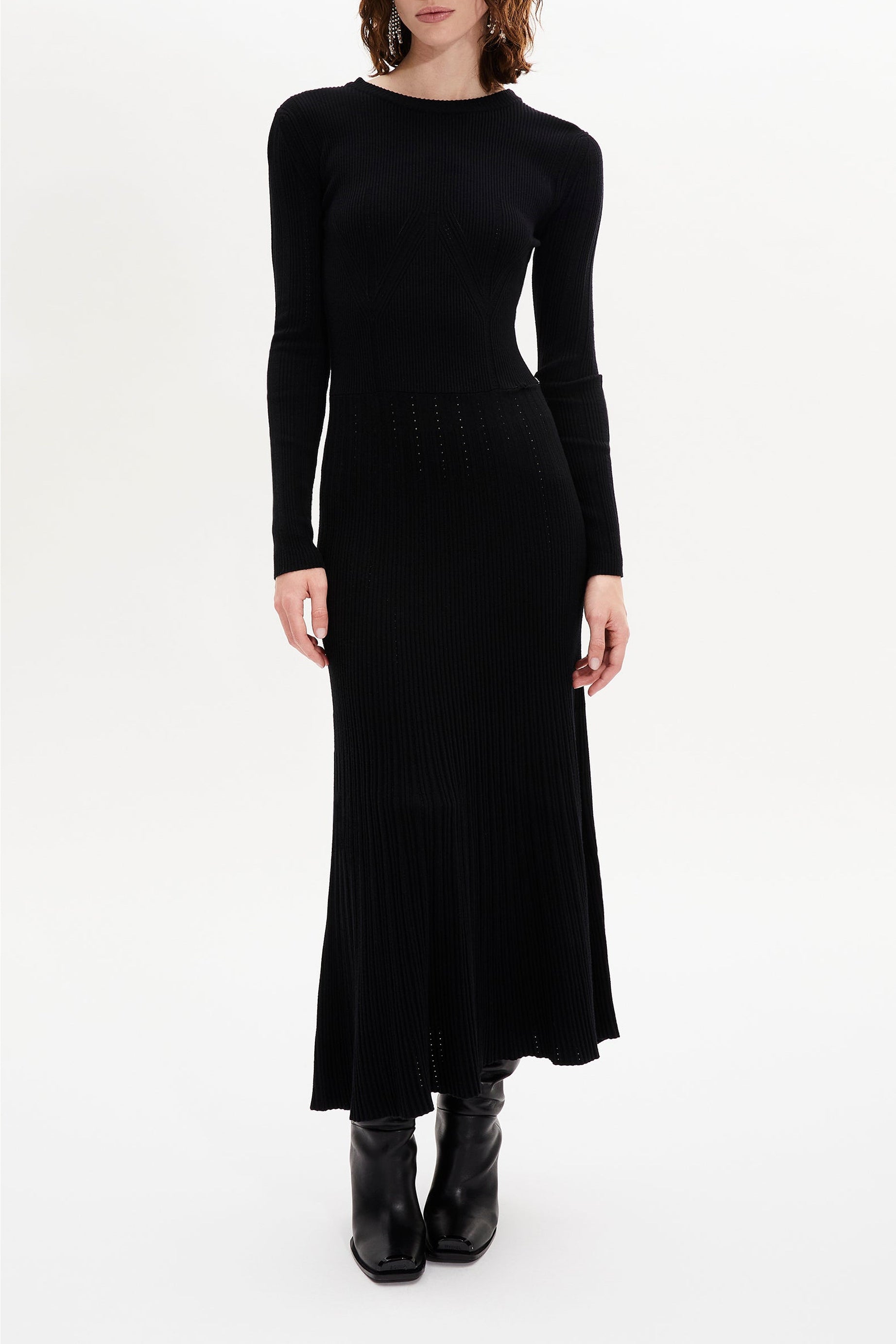 Robe midi col rond à godets ajourée - Noir