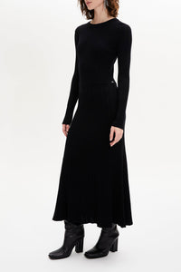 Robe midi col rond à godets ajourée - Noir