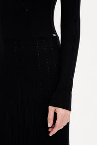 Robe midi col rond à godets ajourée - Noir